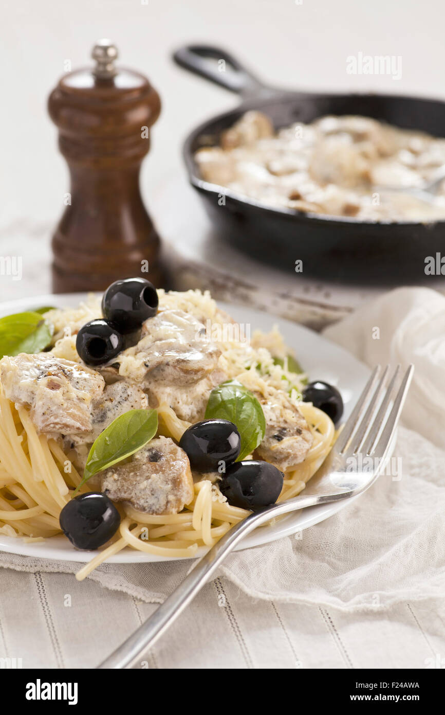 Spaghetti with cheese mushrooms sauce, olives and basil Stock Photo Alamy