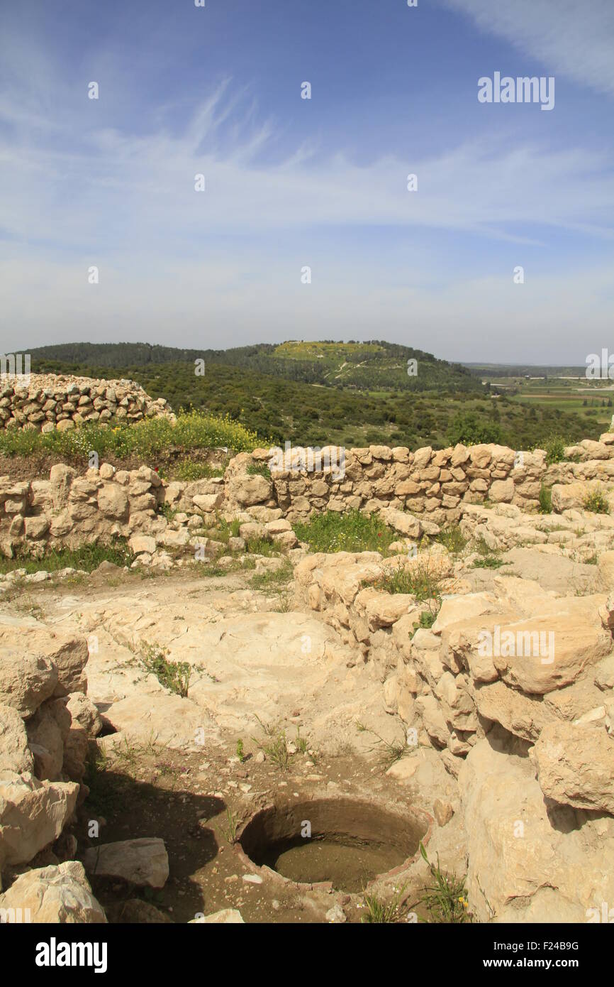 Israel, Shephelah, an ancient oven at Khirbet Qeiyafa, Tel Azekah is in the background Stock Photo