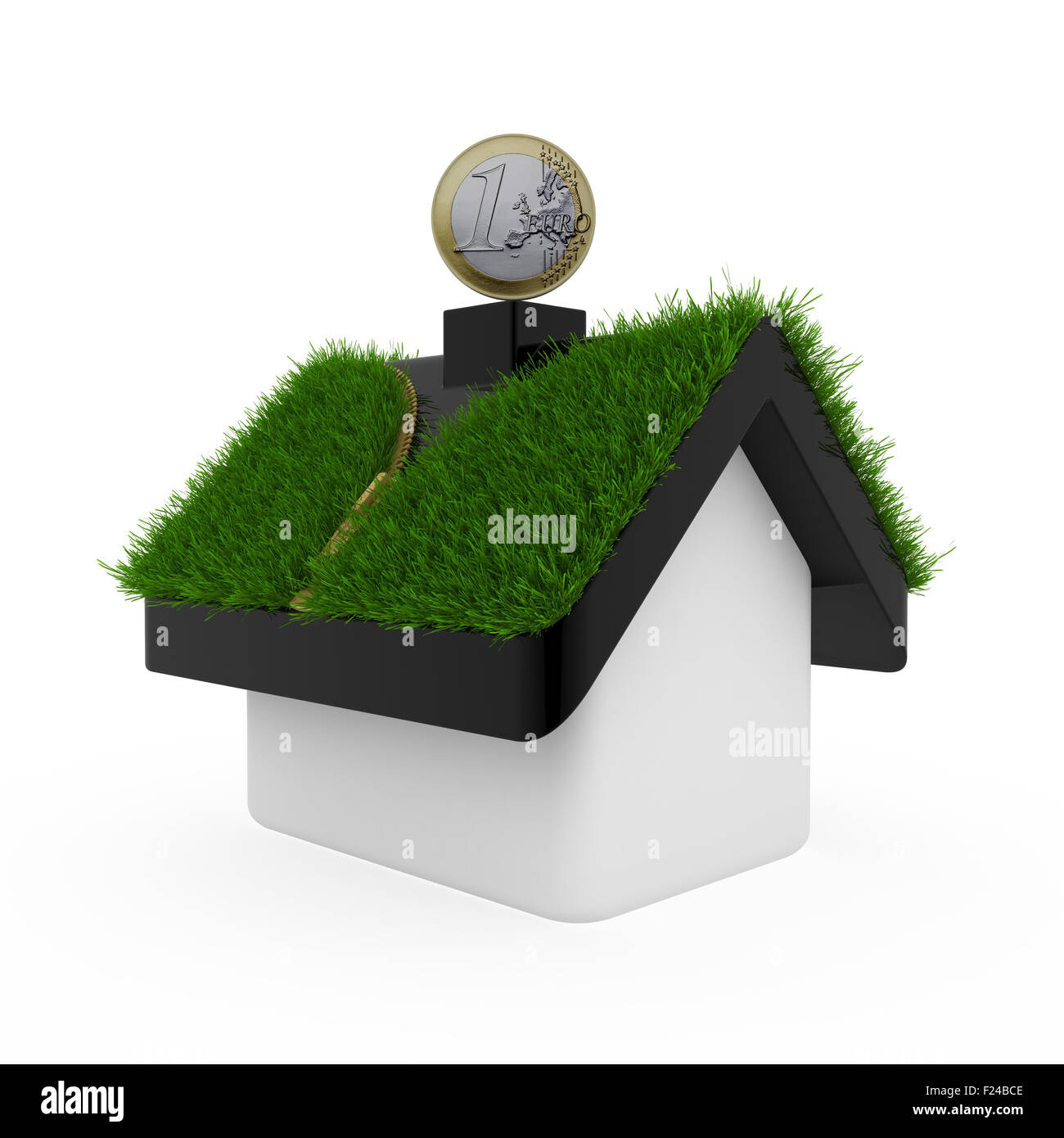 House with roof made of green grass and situated on top euro coins Stock Photo
