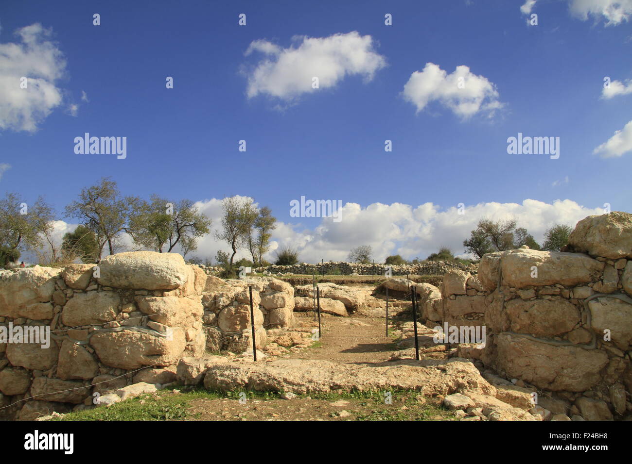 Israel, Shephelah, the western gate of Khirbet Qeiyafa, one of the two gates of the Iron Age settlement from the 11th century BC Stock Photo