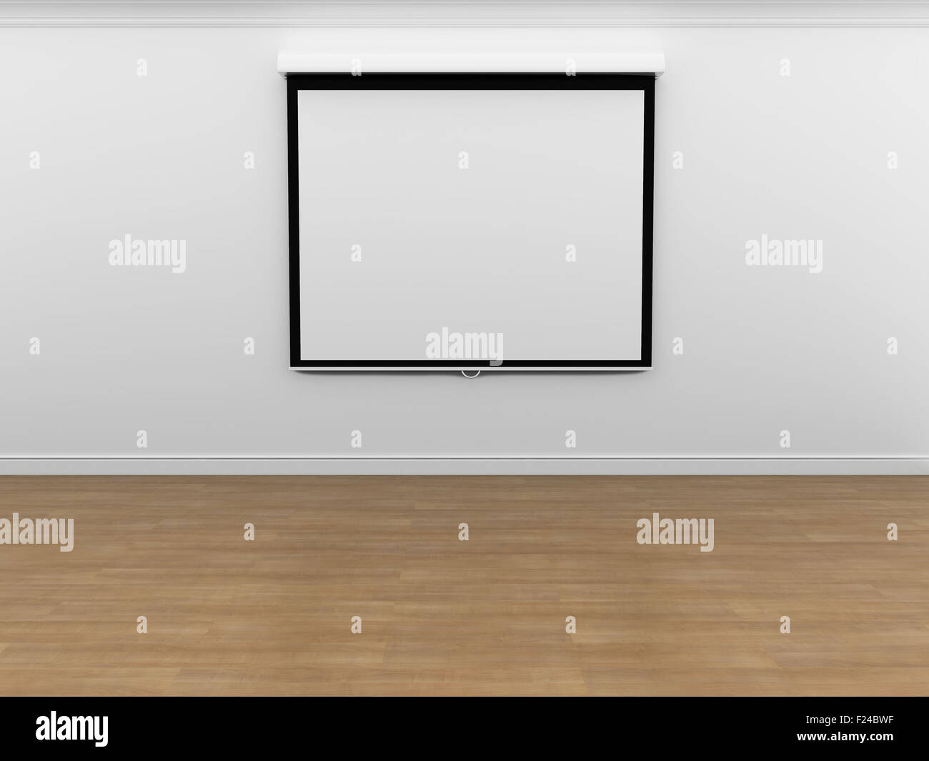 Projector screen hanging on wall in room Stock Photo Alamy