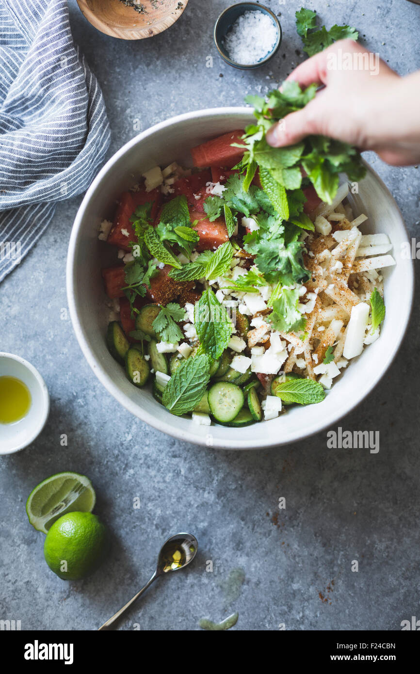 A watermelon jicama cotija salad. Stock Photo