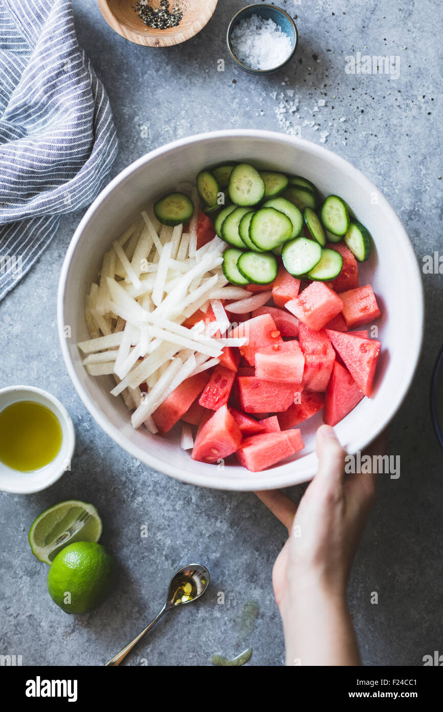 A watermelon jicama cotija salad. Stock Photo