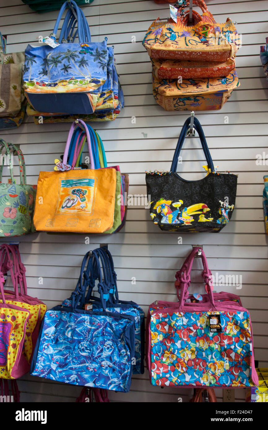 Beach bags on display at a seaside shop in Virginia Beach, VA Stock