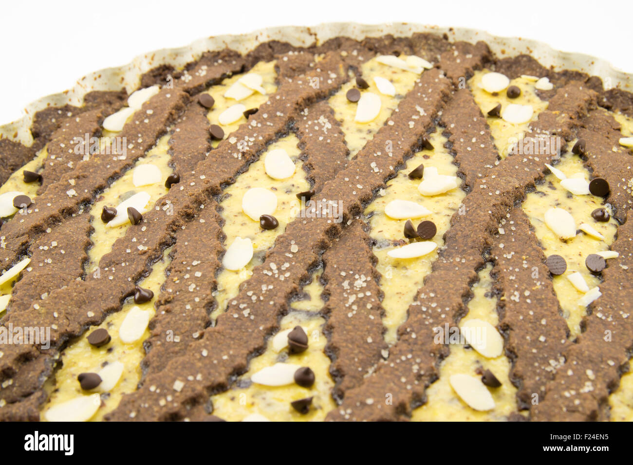 freshly baked cocoa tart with ricotta cheese and chocolate Stock Photo