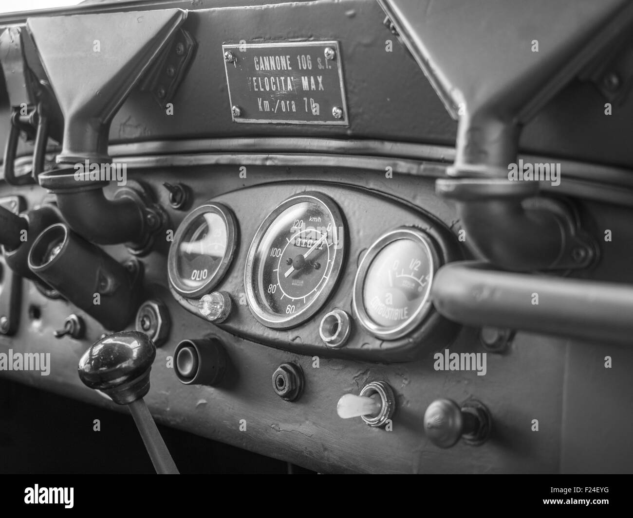 Dashboard of an old green military jeep. Stock Photo