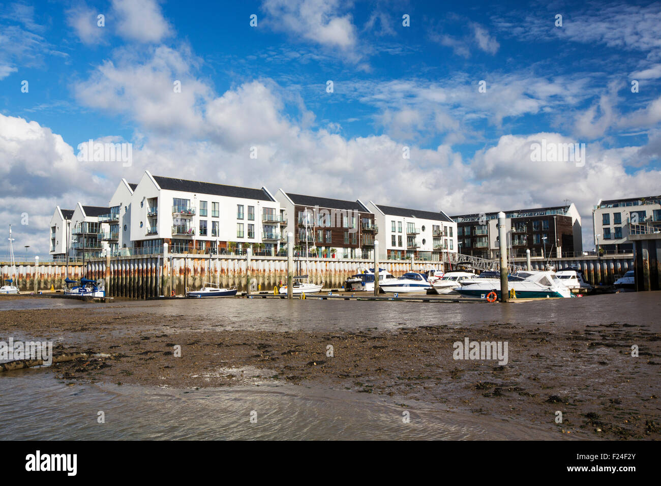 Harbour front apartment blocks in Brightlingsea, Essex, UK Stock Photo