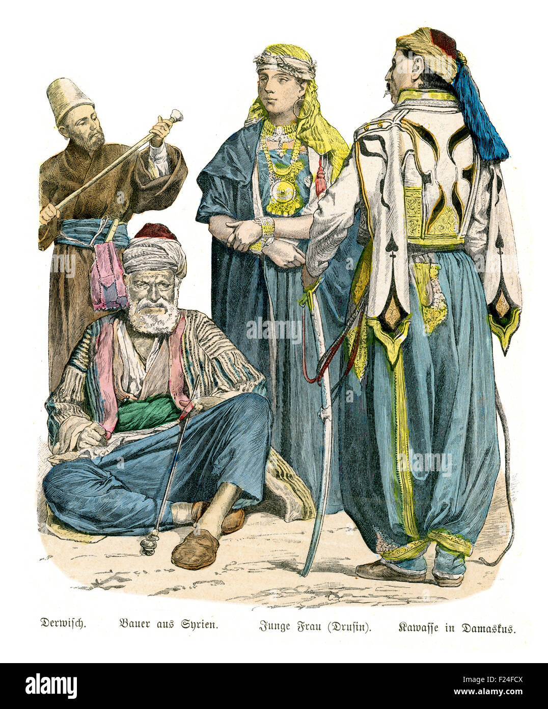 Period costumes of Ottoman Empire 19th Century, Dervish, Peasant of Syria, Young Druze woman, Kawasse (policeman) of Damascus. Stock Photo