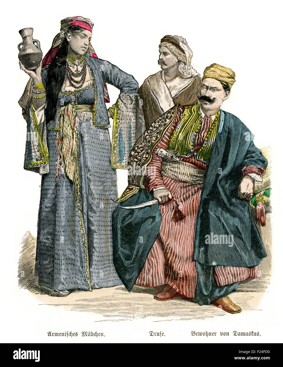 Period costumes of  Empire 19th Century, Armenian girl, Druze, Man from Damascus Stock Photo
