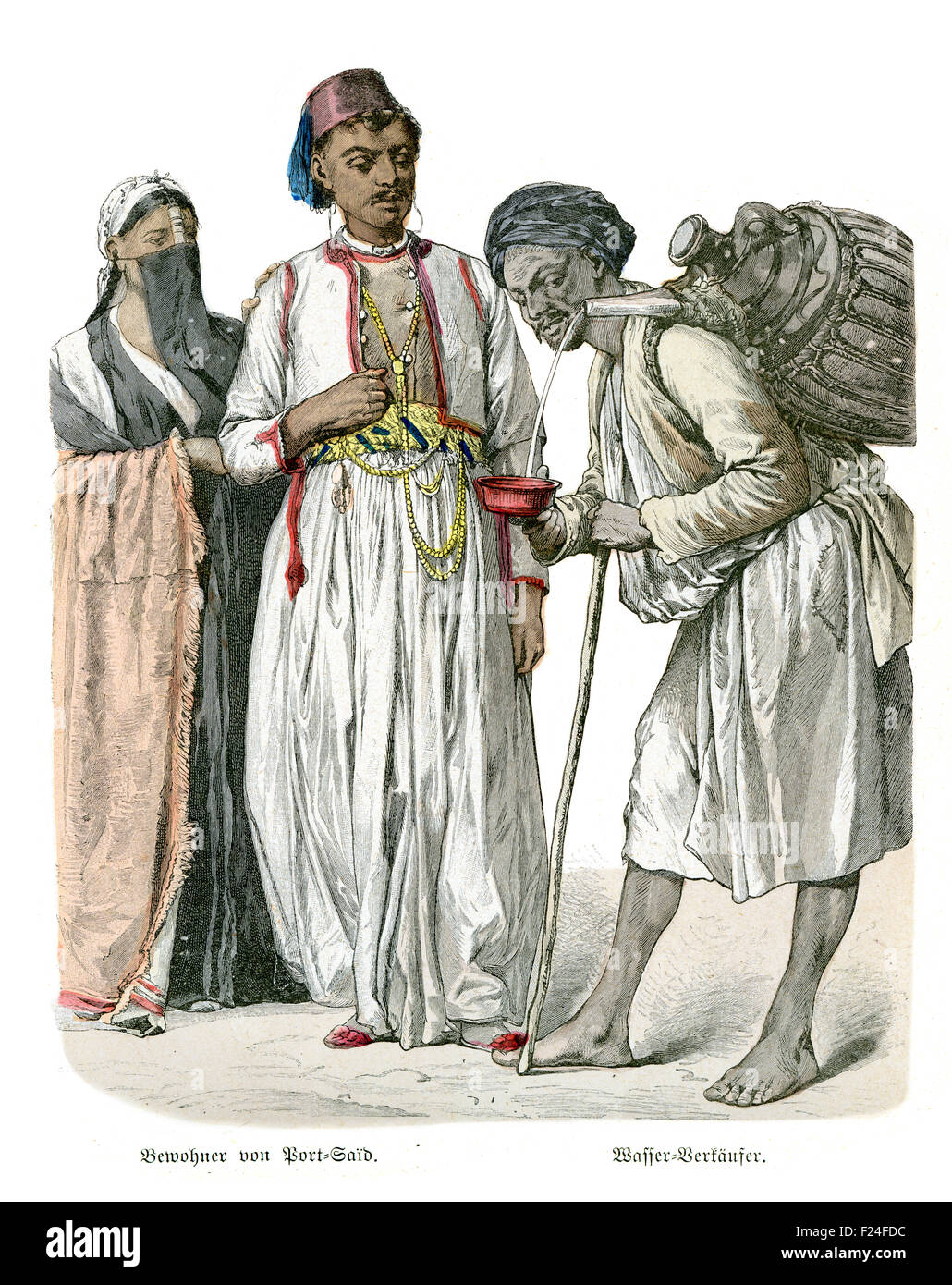 Period costumes of Egypt 19th Century, Man and woman of Port Said and a Water Seller Stock Photo