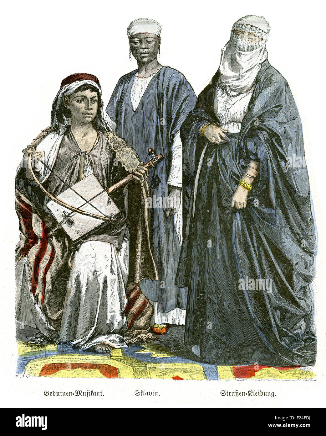Period costumes of Egypt 19th Century, Bedouin musician, Slave and Woman in Street Garb. Stock Photo