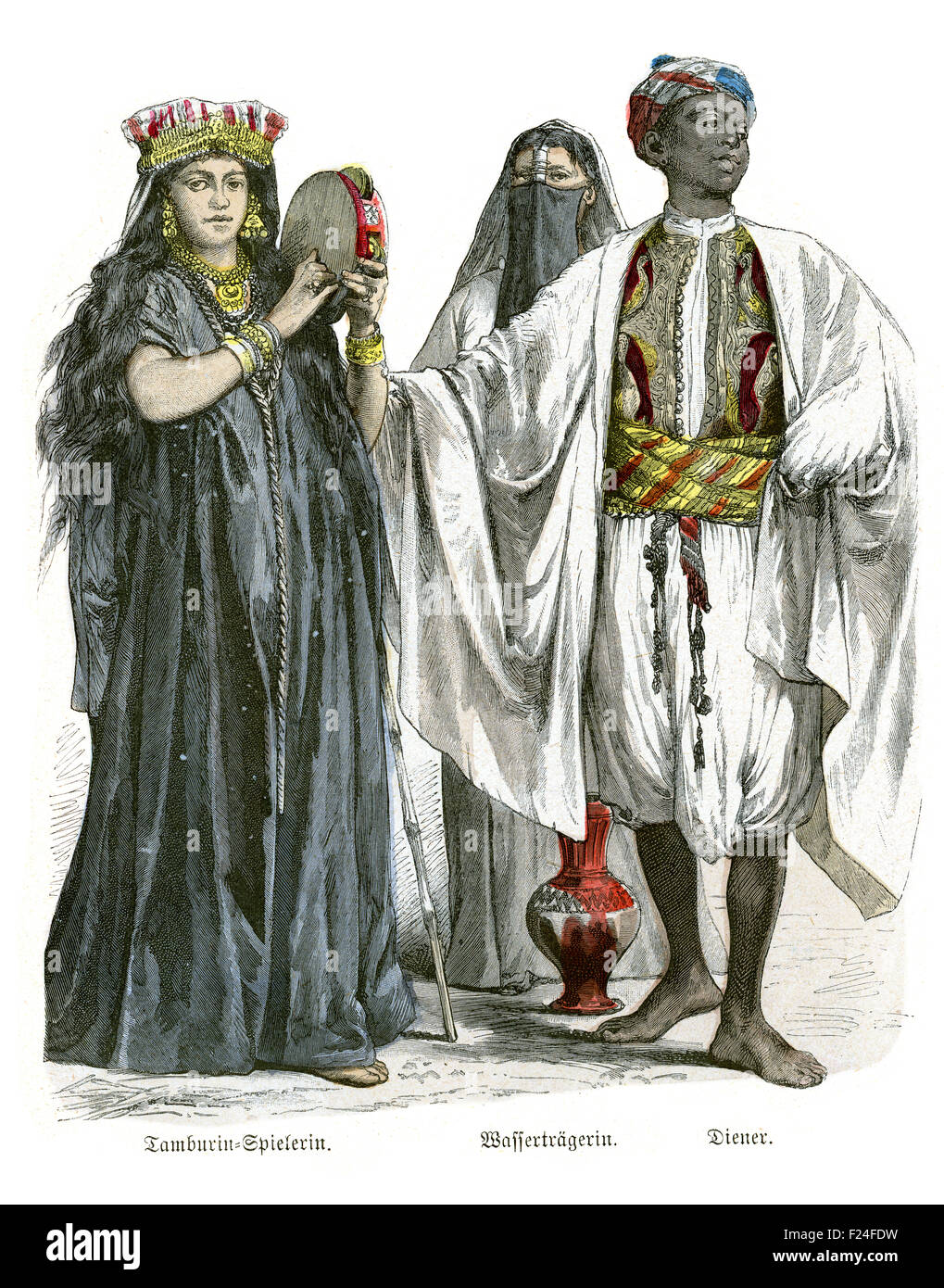 Period costumes of Egypt 19th Century, Tambourine player, Watercarrier, Servant Stock Photo