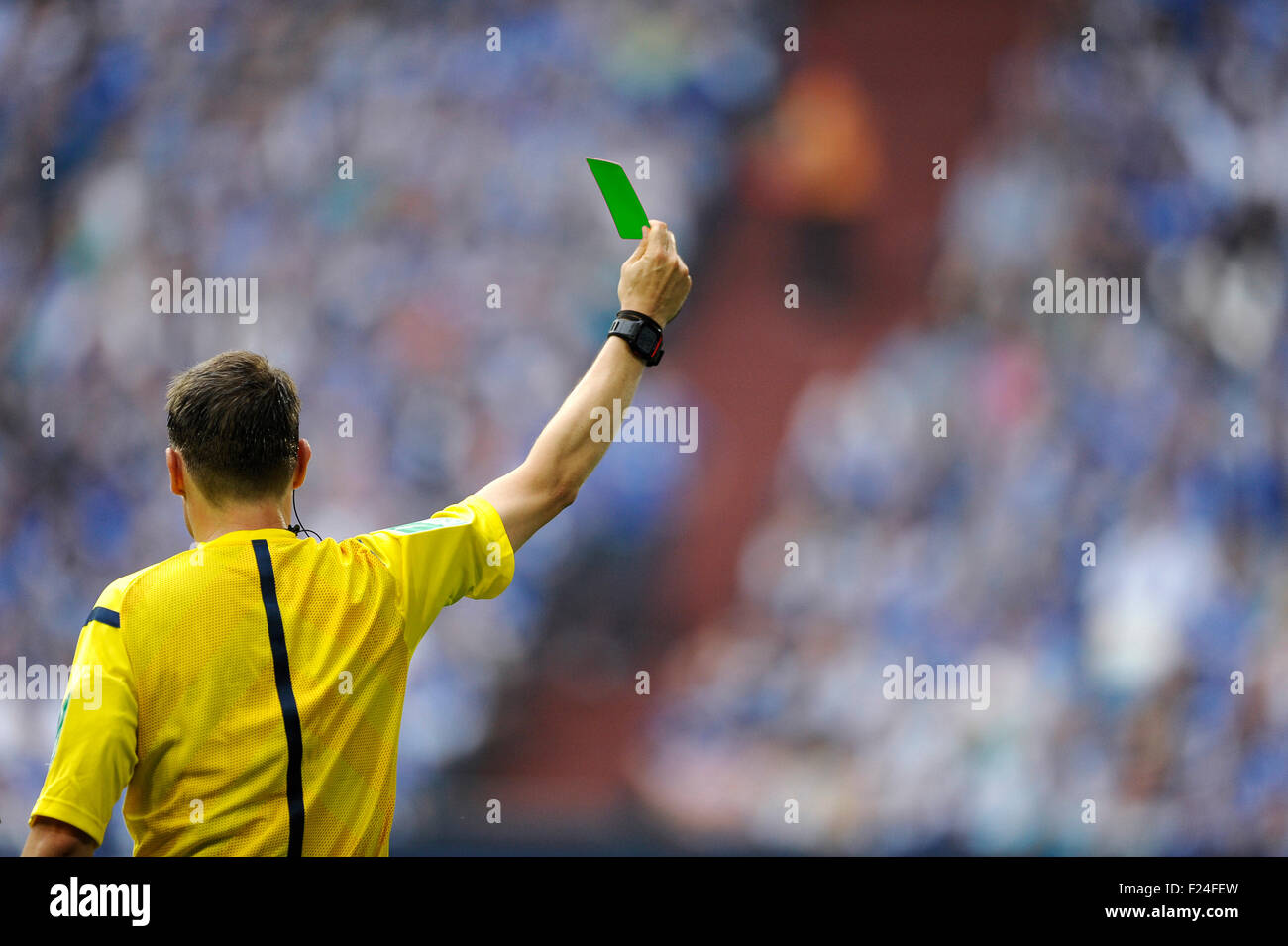 German football referee Markus Schmidt shows the green card. Stock Photo