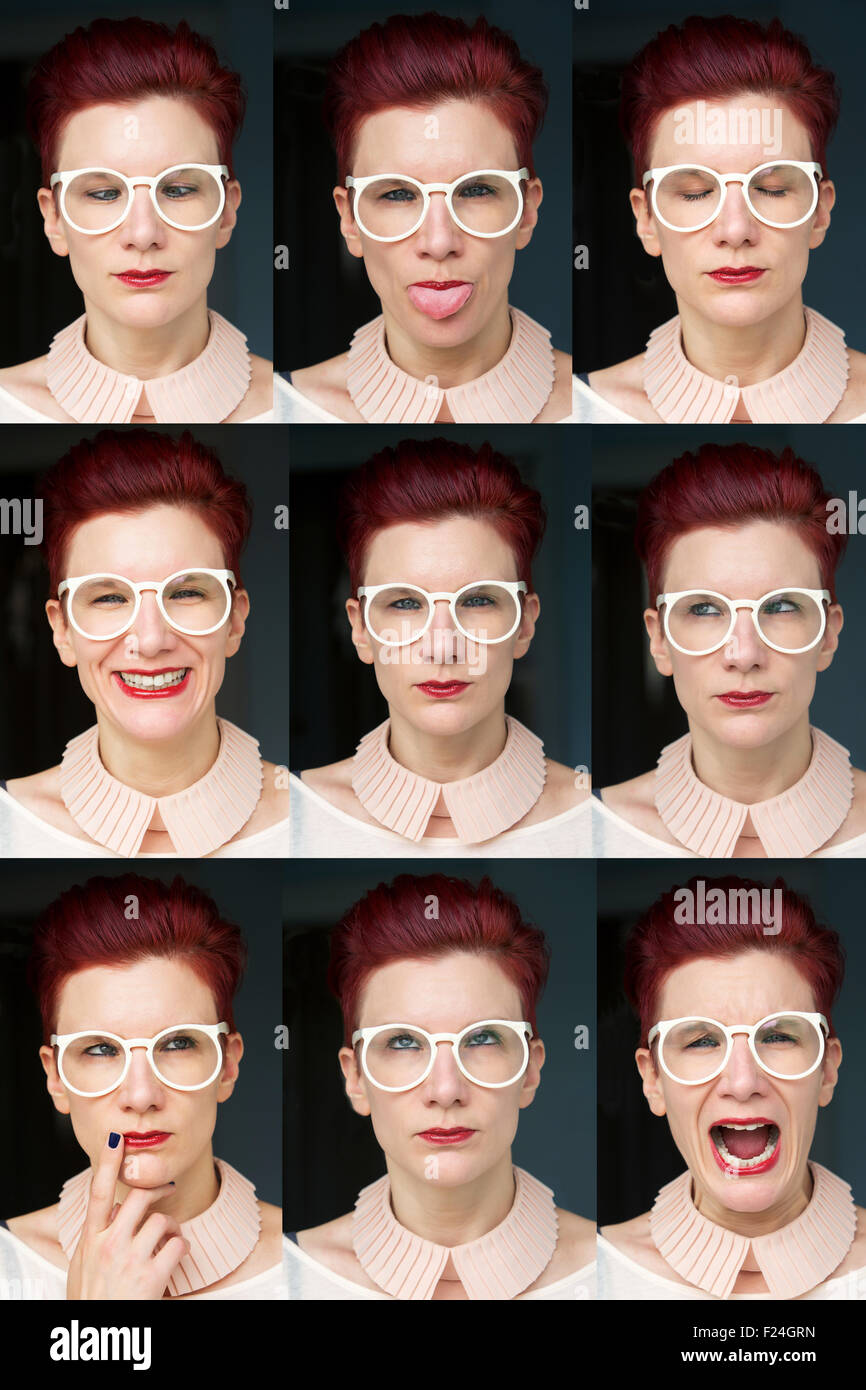 multiple face expressions of a redhaired woman with white glasses Stock Photo