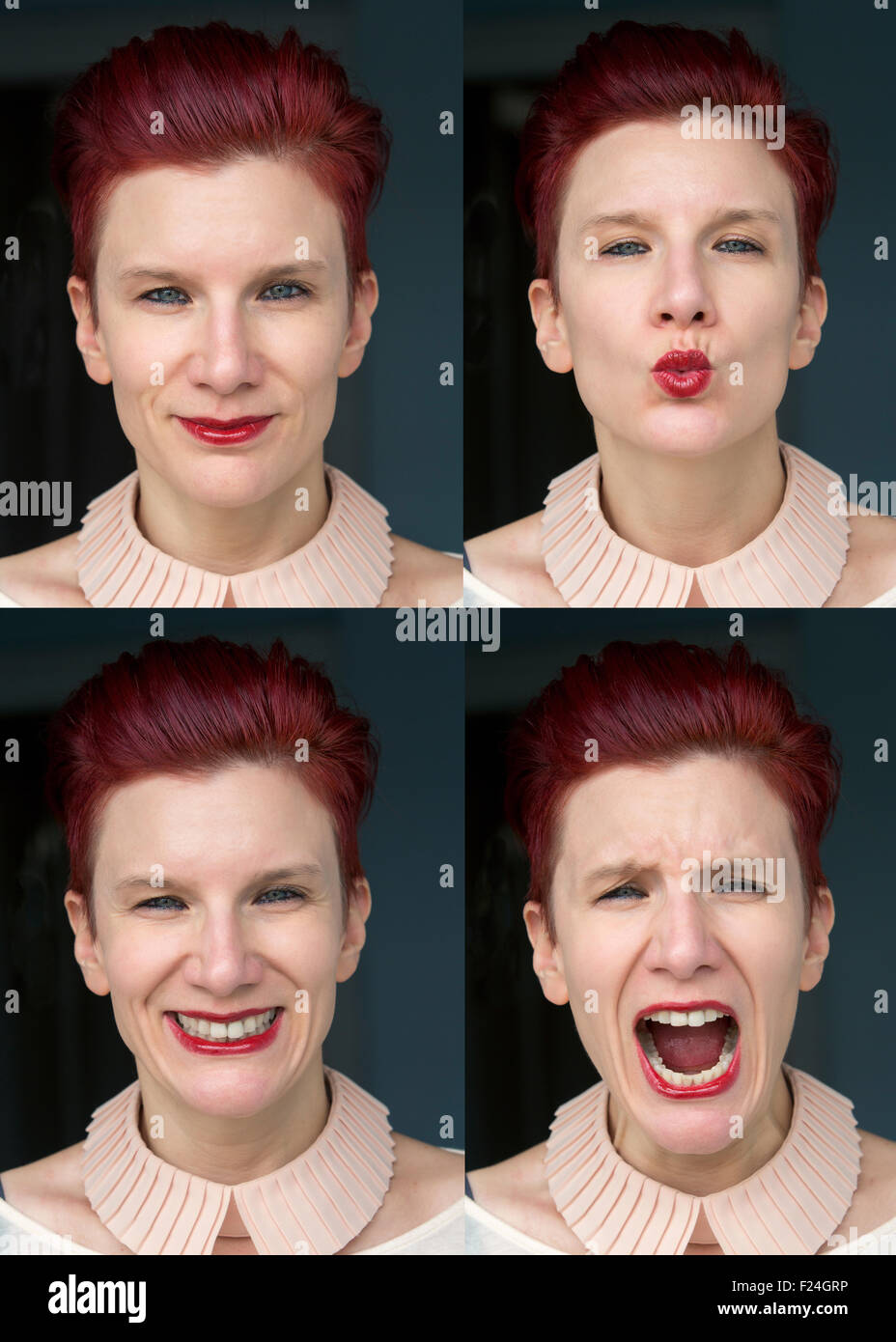 multiple face expressions of a redhaired woman Stock Photo
