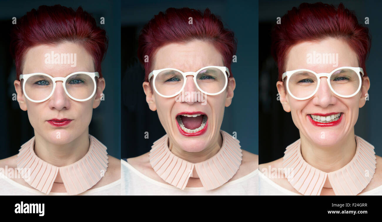 multiple face expressions of a red-haired woman with white glasses Stock Photo