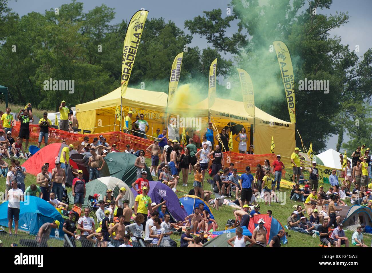 Mugello Circuit, Italy 30th May 2015. The VR46 fan club of Valentino Rossi  celebrate during qualifying for the Gran Premio D'Ita Stock Photo - Alamy