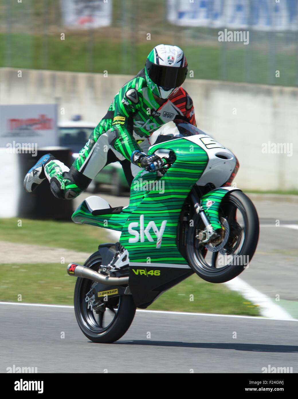 Mugello Circuit, Italy 31st May 2015. Third place Romano Fenati celebrates after the Moto3 race of the Gran Premio D'Italia at M Stock Photo