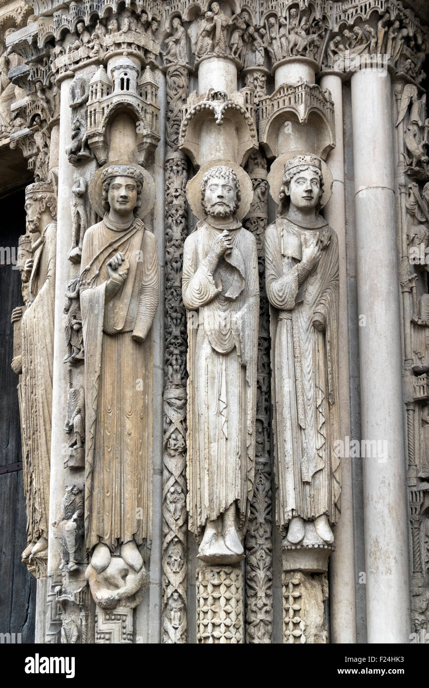 Carved figures adorning one of the porticoes of the Cathedral of Our Lady of Chartres Stock Photo