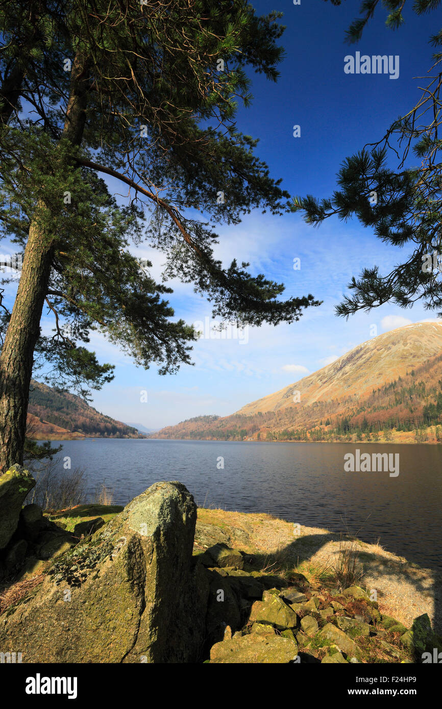 Spring, reflections in Thirlmere reservoir, Lake District National Park, Cumbria, England, UK Stock Photo