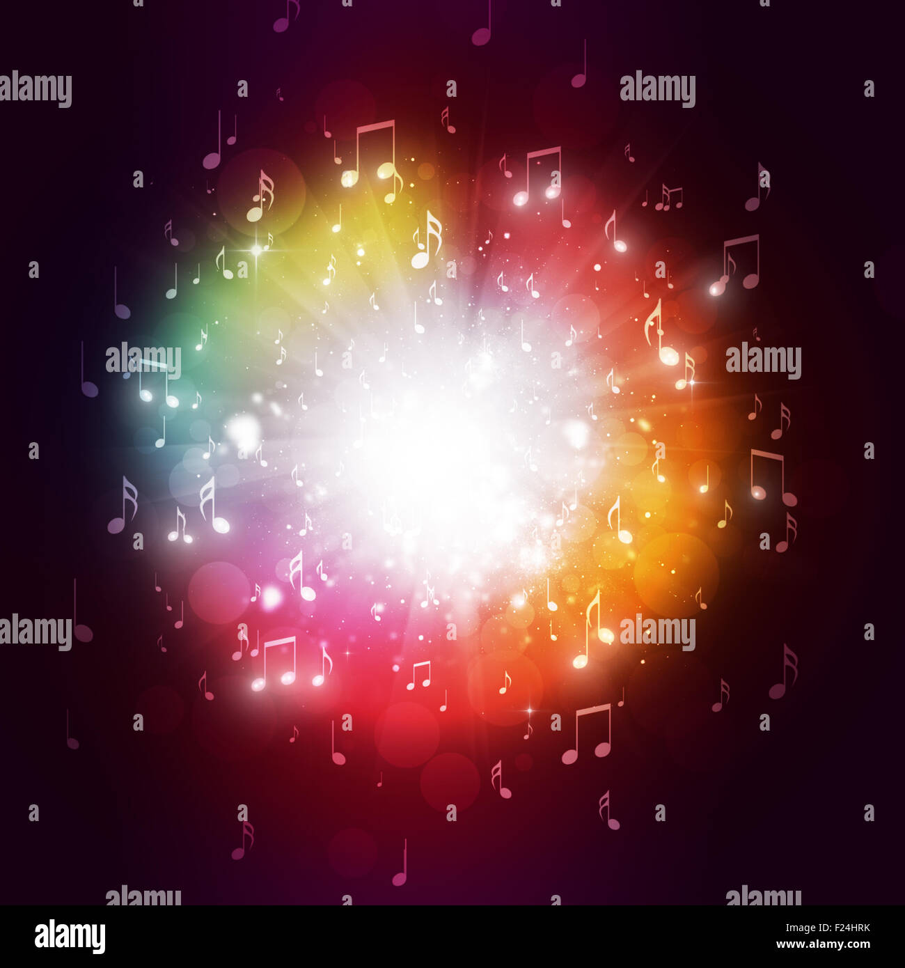 music notes explosion in the dark multicolor background Stock Photo