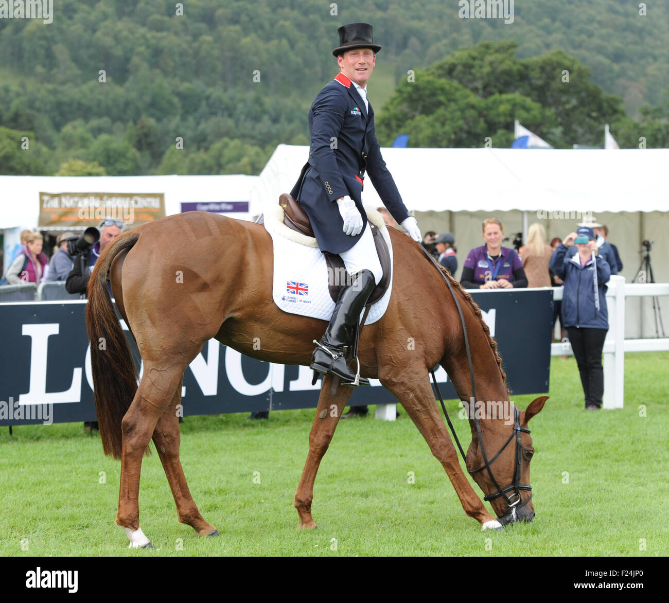 Blair Atholl, Scotland, UK. 11th September, 2015. Longines  FEI European Eventing Championships 2015, Blair Castle. Oliver Townend (GBR) riding Fenyas Elegance during the dressage phase.  © Julie Priestley Stock Photo
