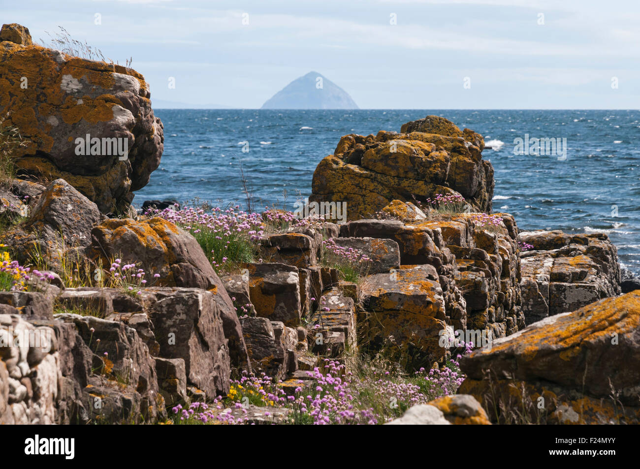 Looking from the Kildonan shoreline towards Ailsa Craig in the Firth of Clyde, Scotland Stock Photo