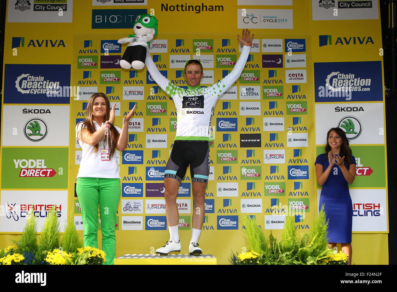 Stoke, UK. 11th Sep, 2015. Tour Of Britain Stage Six. Stoke to Nottingham. Peter Williams of ONE Pro Cycling receives the King of the Mountains Jersey. © Action Plus Sports/Alamy Live News Stock Photo