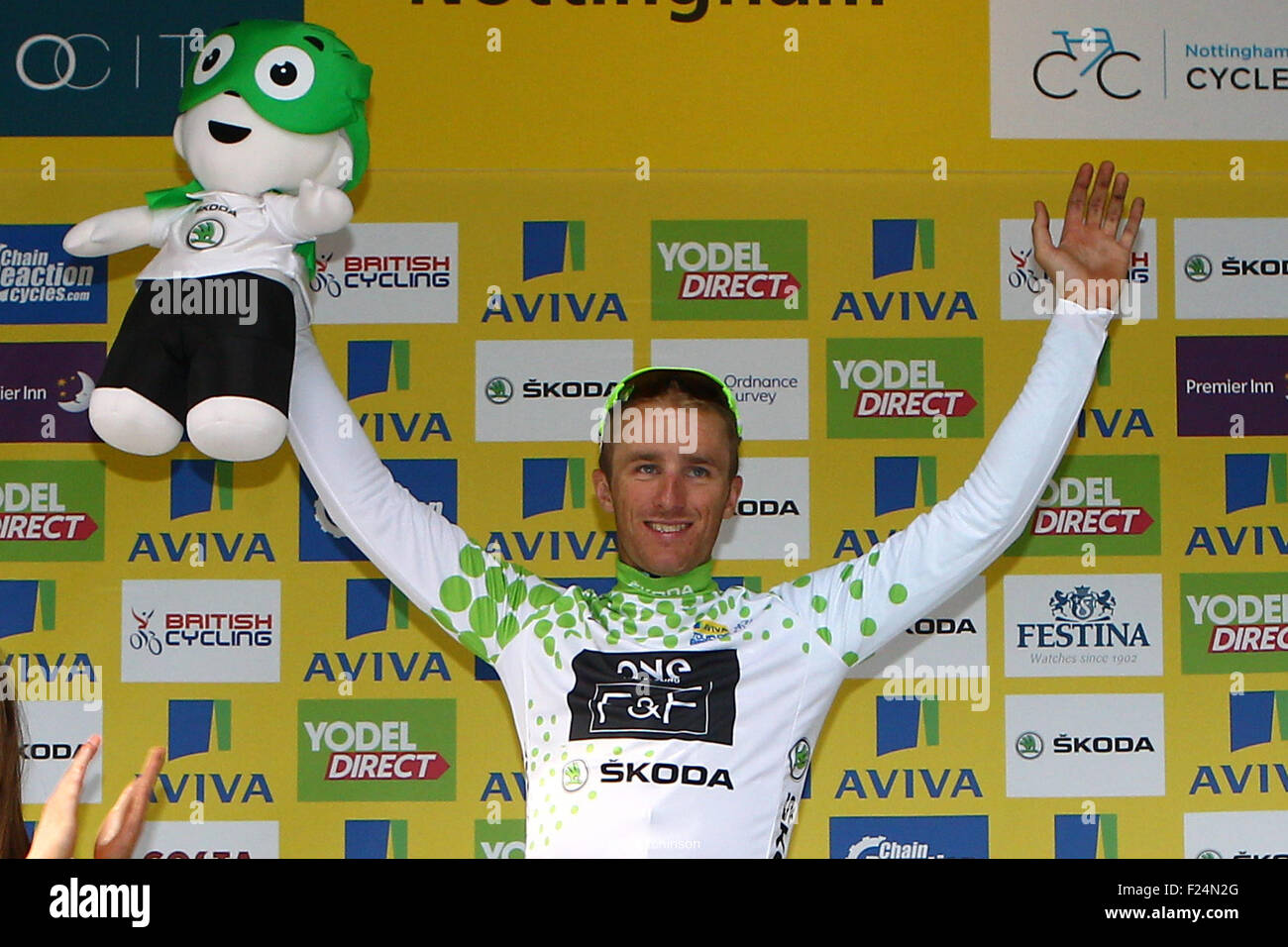 Stoke, UK. 11th Sep, 2015. Tour Of Britain Stage Six. Stoke to Nottingham. Peter Williams of ONE Pro Cycling receives the King of the Mountains Jersey. © Action Plus Sports/Alamy Live News Stock Photo