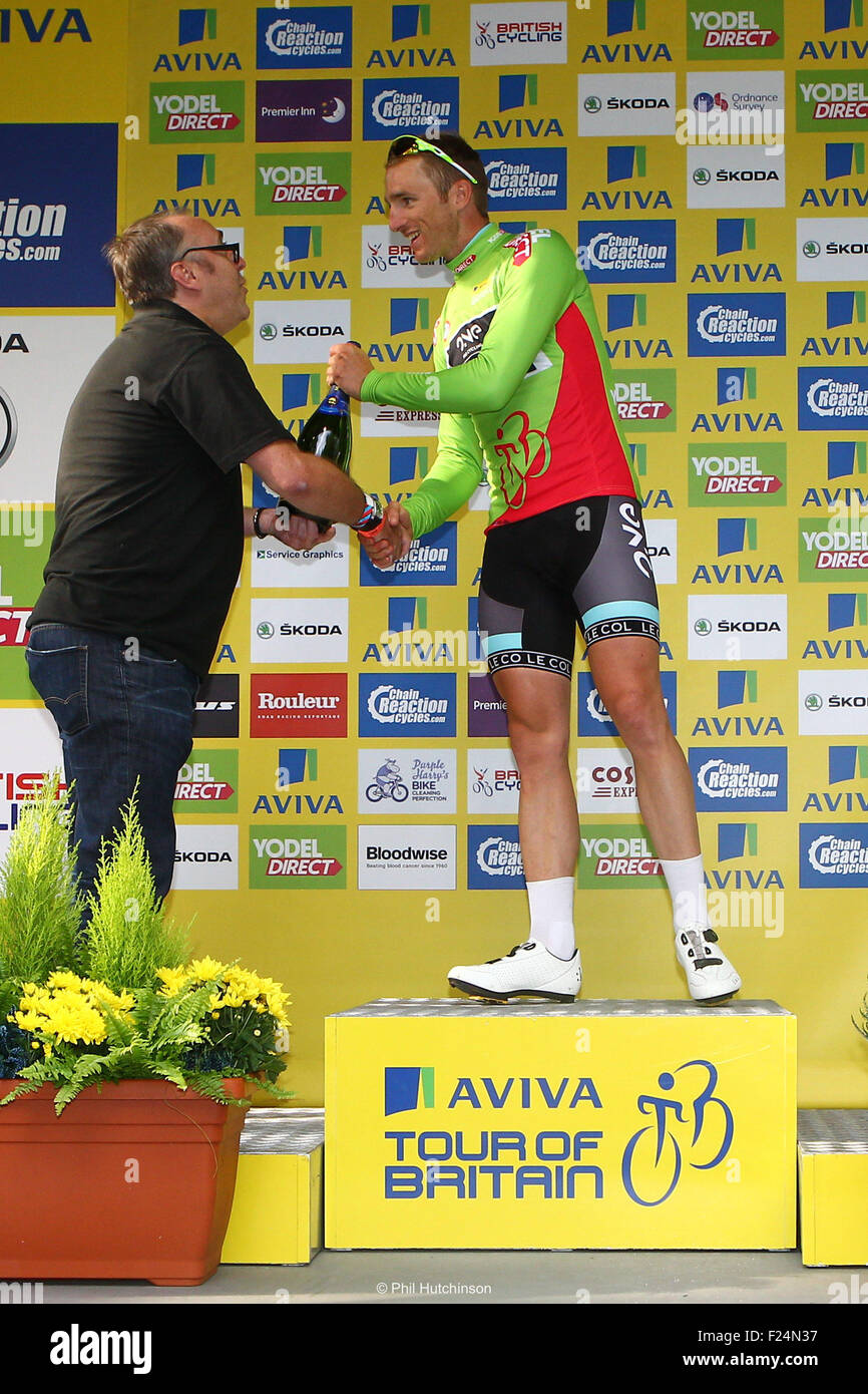 Stoke, UK. 11th Sep, 2015. Tour Of Britain Stage Six. Stoke to Nottingham. Peter Williams of ONE Pro Cycling receives the Sprinters Jersey. © Action Plus Sports/Alamy Live News Stock Photo