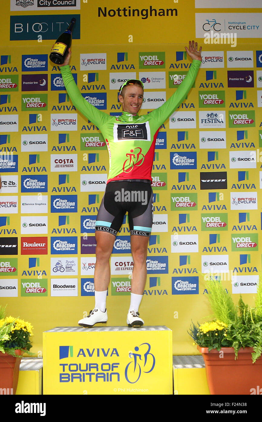 Stoke, UK. 11th Sep, 2015. Tour Of Britain Stage Six. Stoke to Nottingham. Peter Williams of ONE Pro Cycling receives the Sprinters Jersey. © Action Plus Sports/Alamy Live News Stock Photo