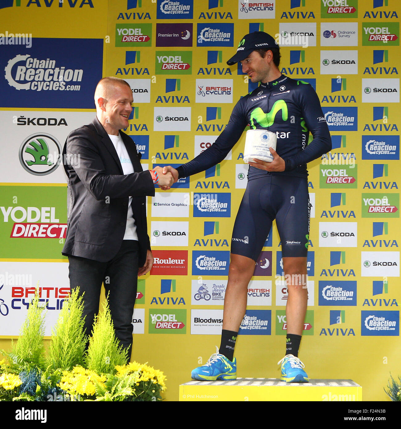 Stoke, UK. 11th Sep, 2015. Tour Of Britain Stage Six. Stoke to Nottingham. Gorka Izaguirre of Moviestar is presented with the Combatitive Award. © Action Plus Sports/Alamy Live News Stock Photo