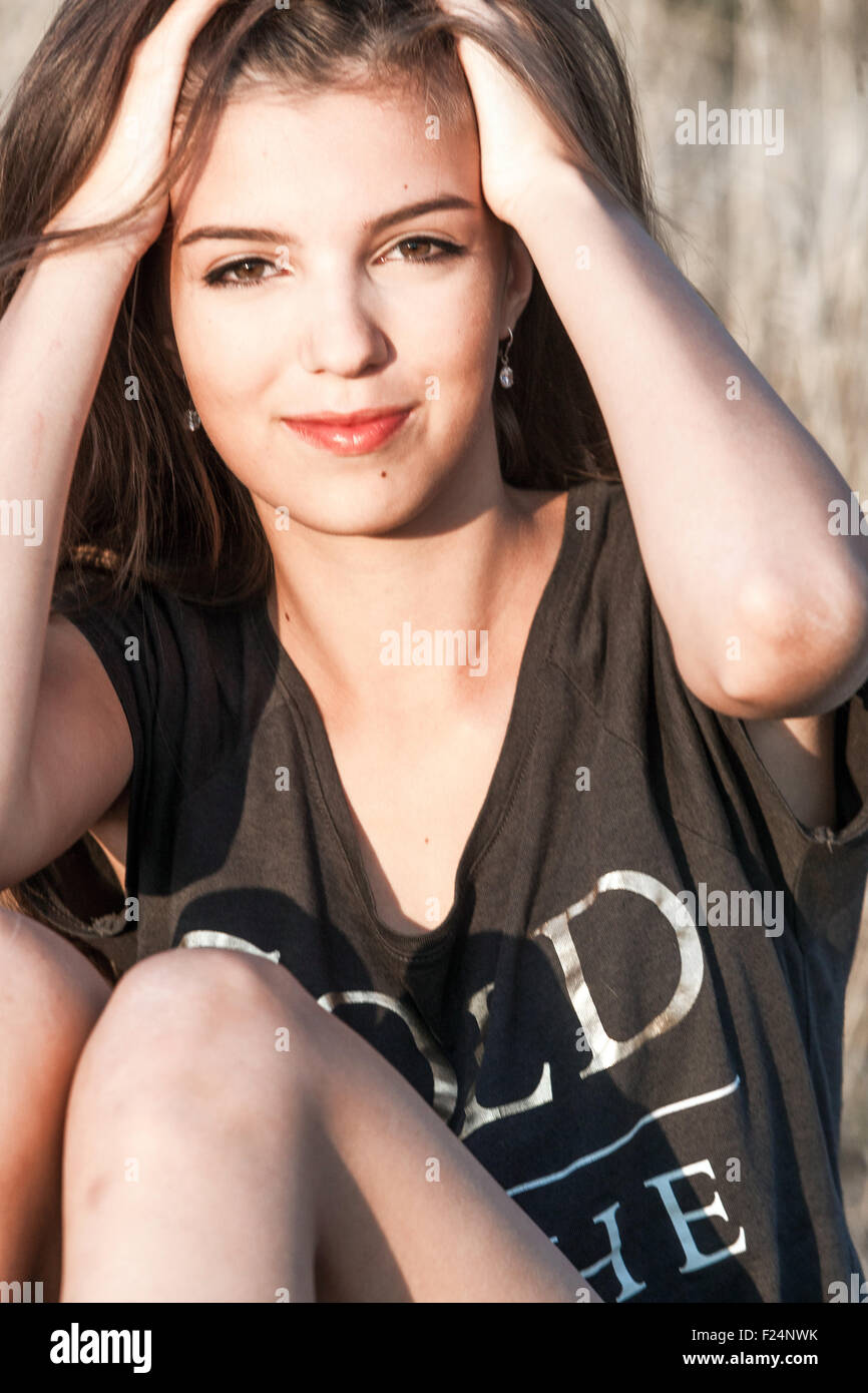 Young teenage beautiful girl in t-shirt Stock Photo