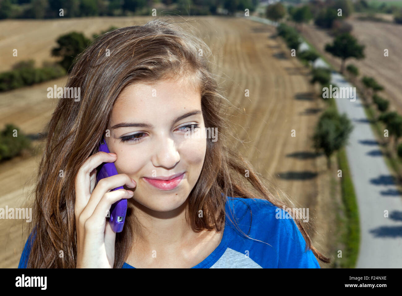 Teenager smartphone mobile, girl call, smile laugh Stock Photo