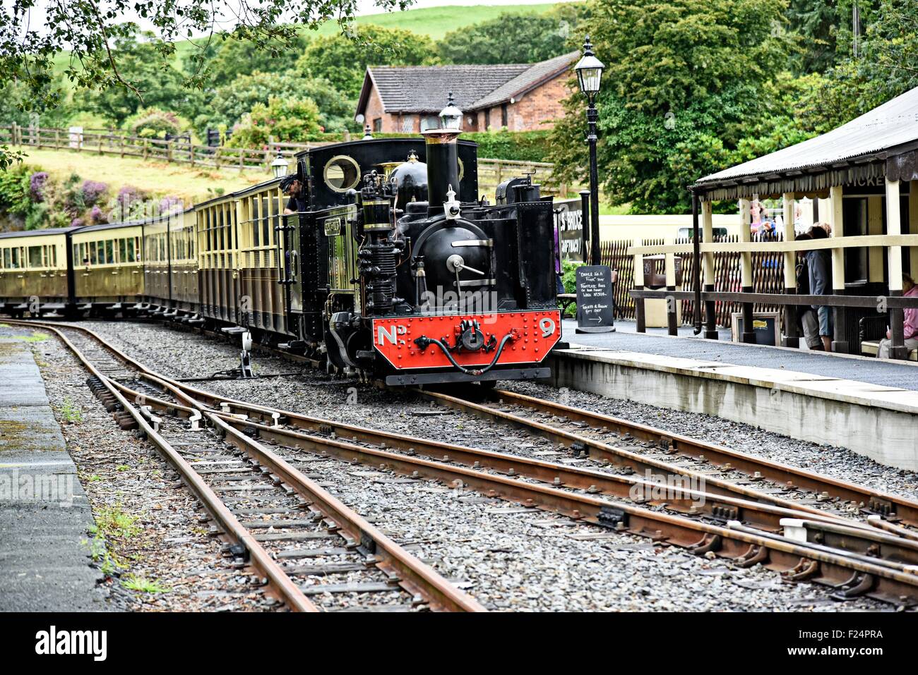 The Vale of Rheidol Railway (Welsh: Rheilffordd Cwm Rheidol) is a 1 ft 11 3⁄4 in (603 mm) narrow gauge heritage steam railway Stock Photo