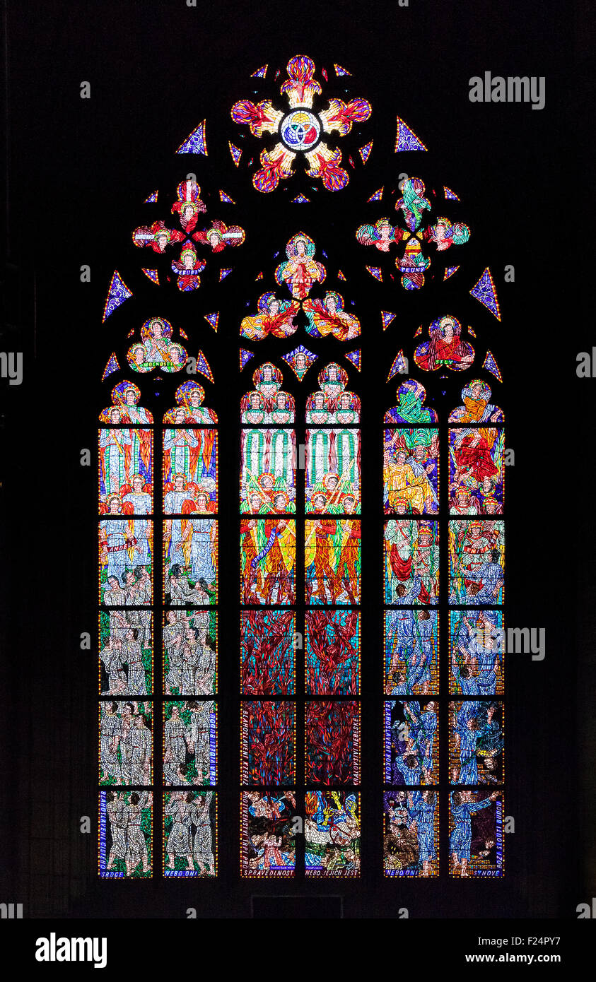 Stained-glass window in St Vit Cathedral, Prague Stock Photo