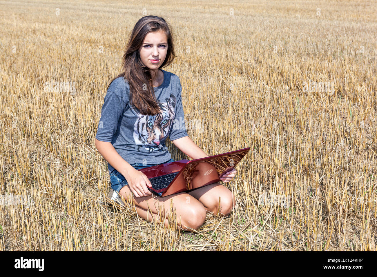 Young teenager, beautiful girl using laptop on stubble field Stock Photo