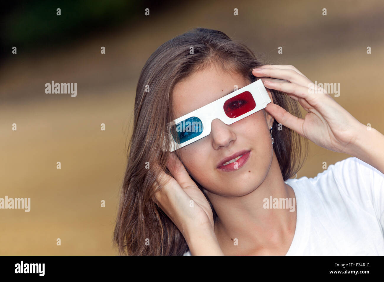 Young girl with 3D glasses teeneger lifestyle, 15-16 years old Stock Photo