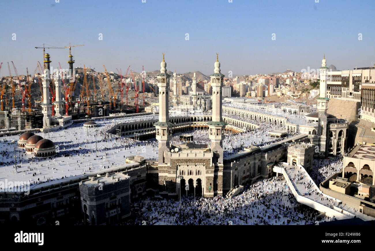 Mecca. 3rd Nov, 2013. A file photo taken on November 3, 2013 shows an aerial view of the Clock Tower and the Grand Mosque in Saudi Arabia's holy city of Mecca. 87 pilgrims were killed and 201 others were injured when a crane fell on the grand mosque in Mecca, Saudi Arabia's Civil Defence authority said Friday. Al Arabiya Television earlier said the crane had fallen because of strong storms. Saudi Arabia has been hit by strong sand storms in the last few days. Credit:  Wangbo/Xinhua/Alamy Live News Stock Photo