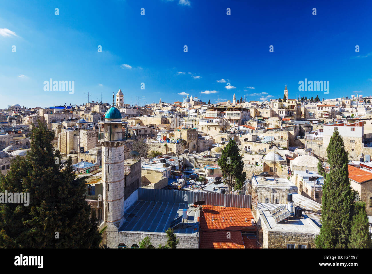 Roofs of Old City with Holy Sepulcher Church Dome, Jerusalem, Israel Stock Photo