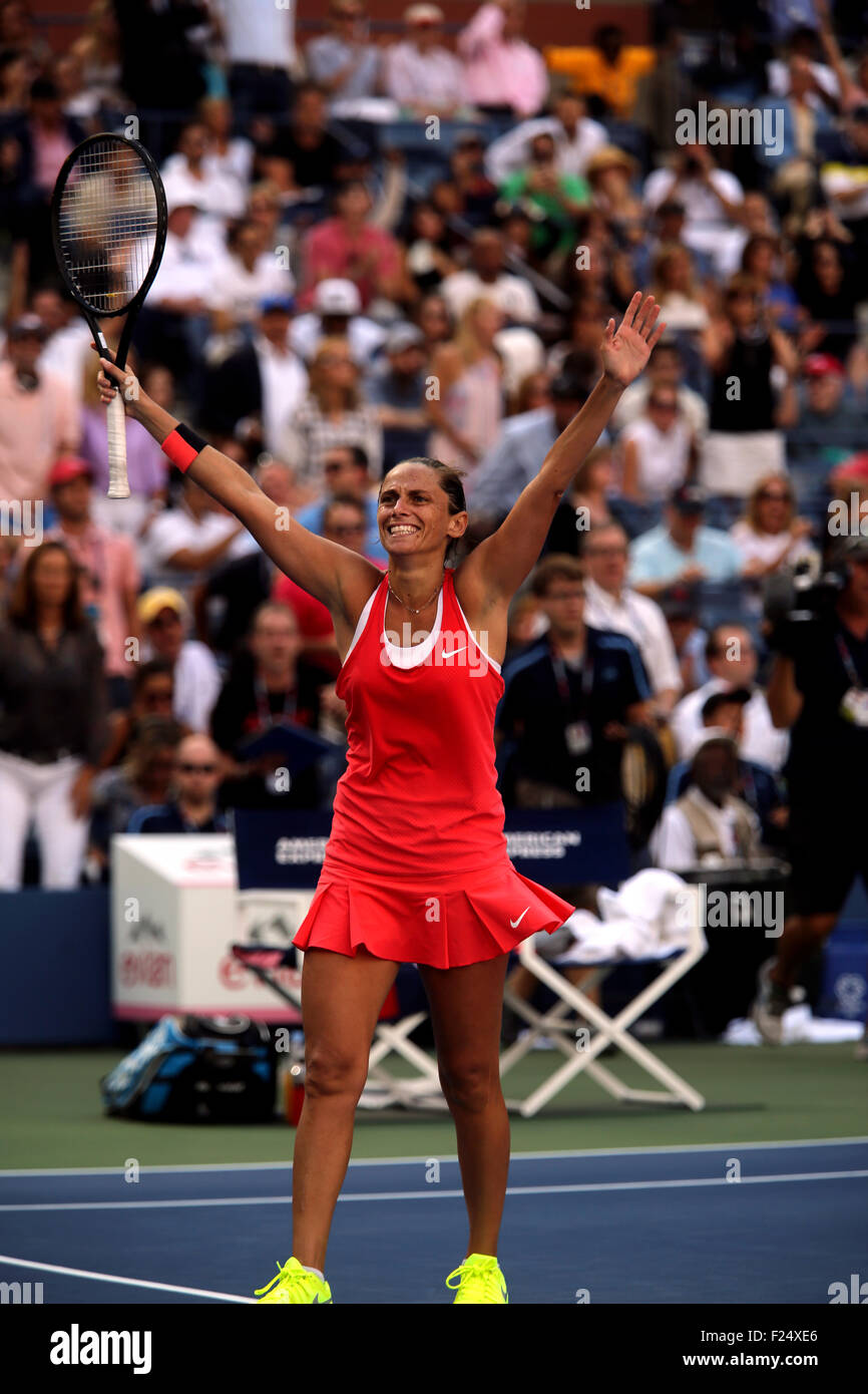 Flushings Meadow, New York, USA. 11th Sep, 2015. Roberta Vinci of Italy reacts after upsetting Serena Williams in their semifinal match at the U.S. Open in Flushing Meadows, New York on the afternoon of September 11th, 2015. Vinci won the match 2-6, 6-4, 6-4. Credit:  Adam Stoltman/Alamy Live News Stock Photo