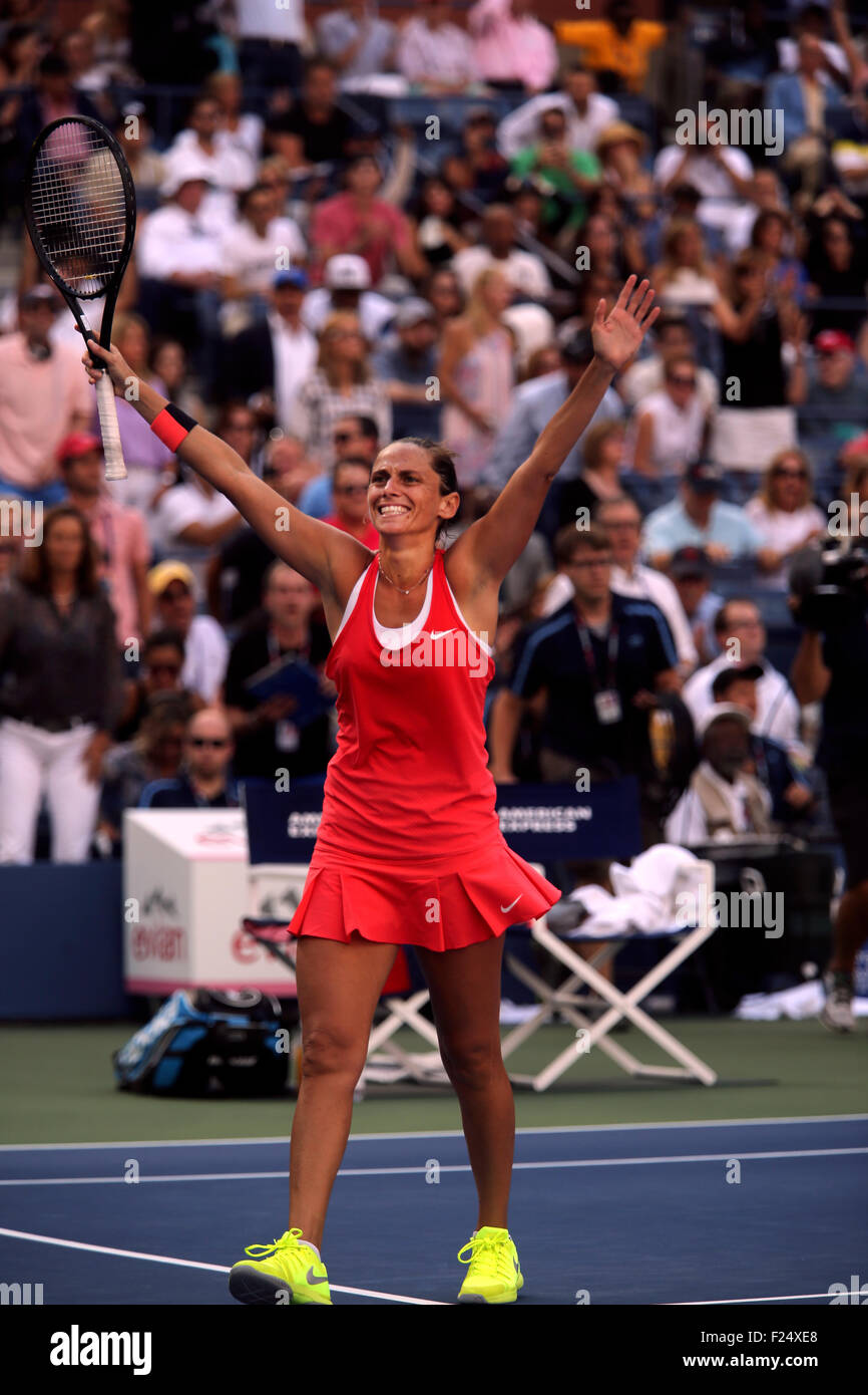 Flushings Meadow, New York, USA. 11th Sep, 2015. Roberta Vinci of Italy reacts after upsetting Serena Williams in their semifinal match at the U.S. Open in Flushing Meadows, New York on the afternoon of September 11th, 2015. Vinci won the match 2-6, 6-4, 6-4. Credit:  Adam Stoltman/Alamy Live News Stock Photo