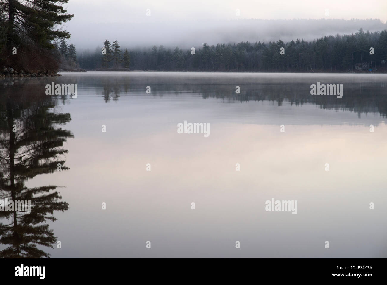 Dawn on Moose Pond, Maine. Steam is rising off the surface of the lake