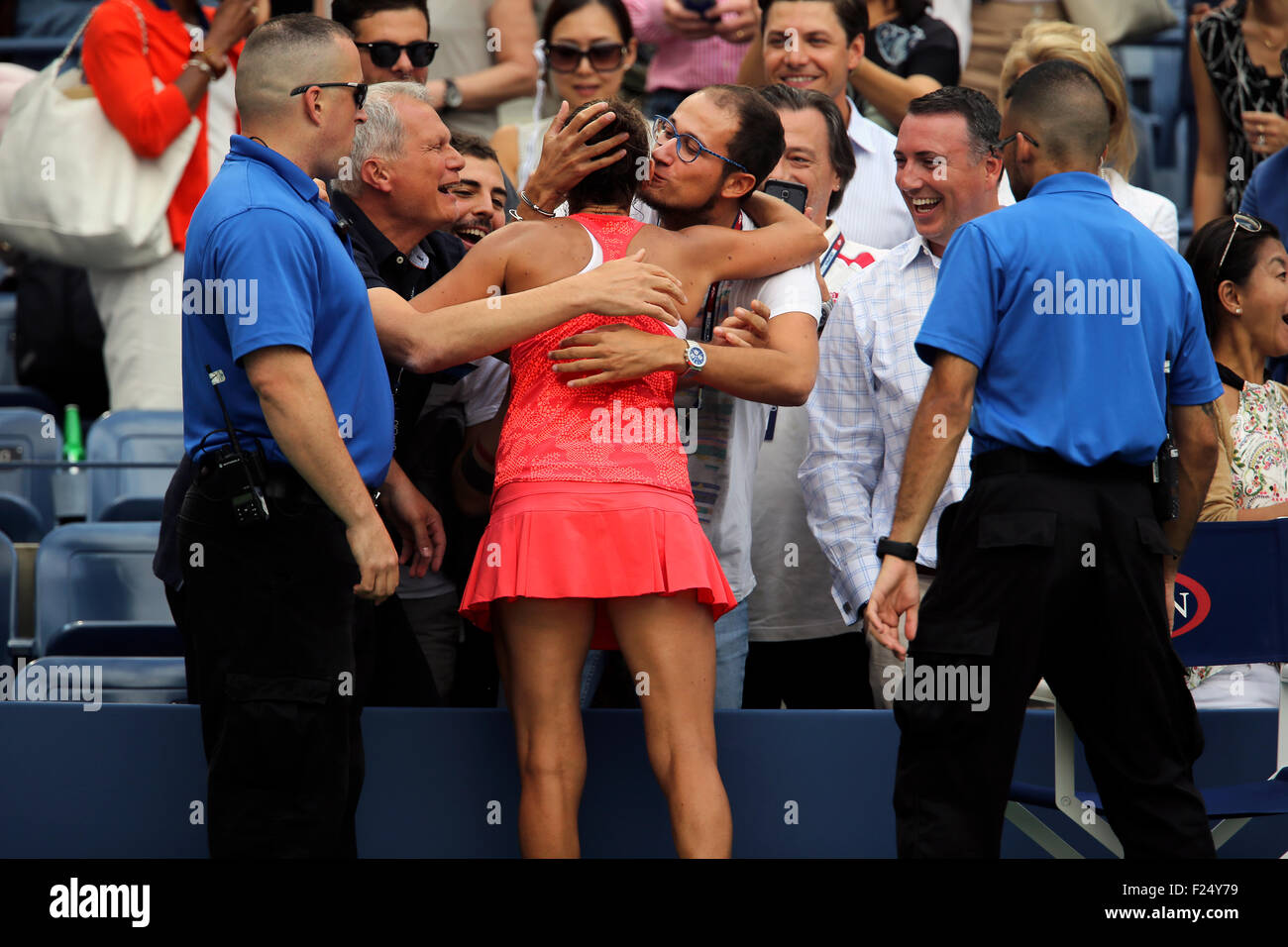 Flushing Meadows, New York, USA. 11th Sep, 2015. Roberta Vinci of Italy gets some hugs from supporters after defeating Serena Williams in their semifinal match at the U.S. Open in Flushing Meadows, New York on the afternoon of September 11th, 2015.  Vinci won the match 2-6, 6-4, 6-4. Credit:  Adam Stoltman/Alamy Live News Stock Photo