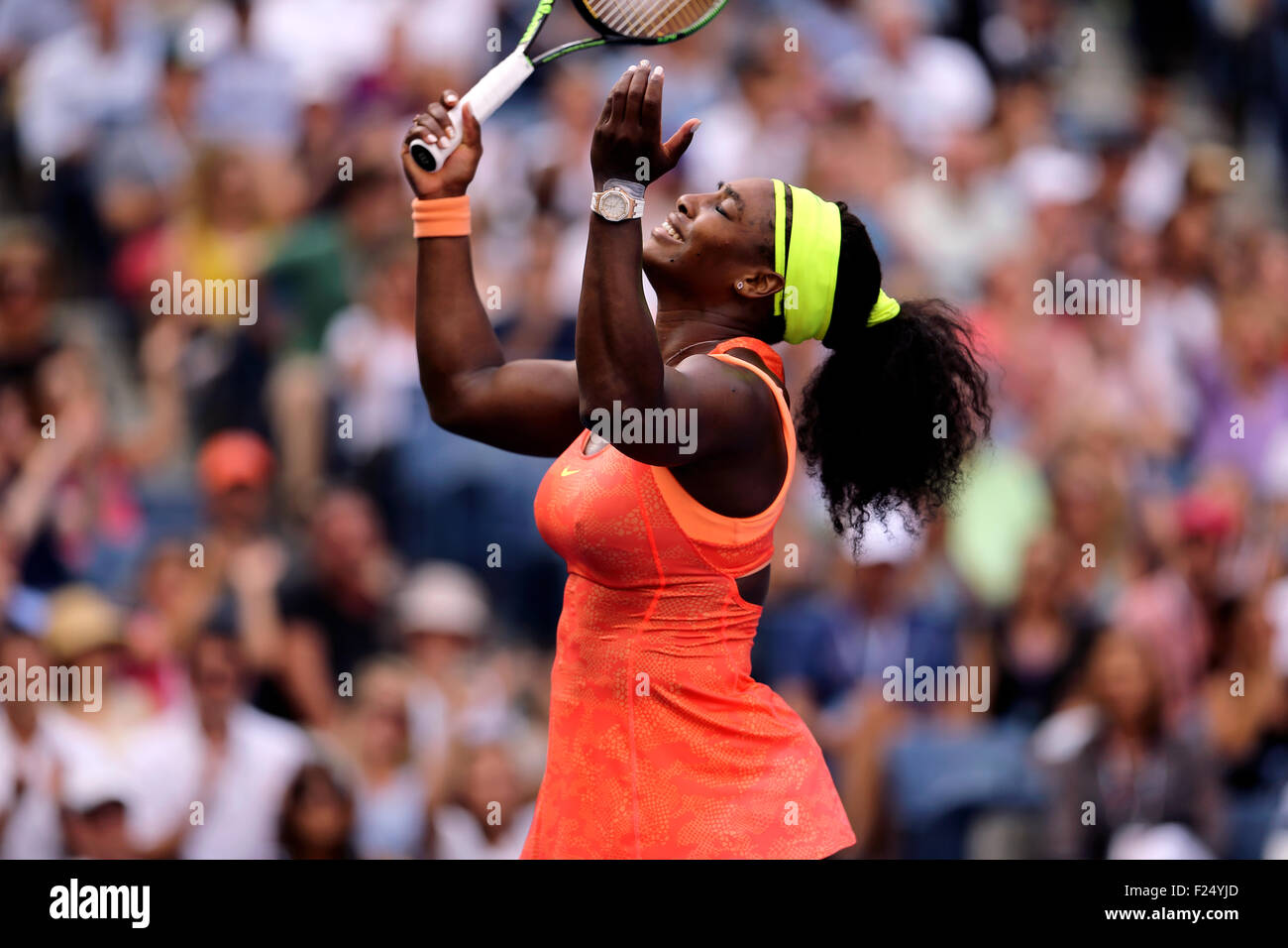 Flushing Meadows, New York, USA. 11th Sep, 2015. Serena Williams reacts to a point against Roberta Vinci of Italy in their semifinal match at the U.S. Open in Flushing Meadows, New York on the afternoon of September 11th, 2015.  Vinci won the match 2-6, 6-4, 6-4, thwarting Williams bid for a Grand Slam. Credit:  Adam Stoltman/Alamy Live News Stock Photo