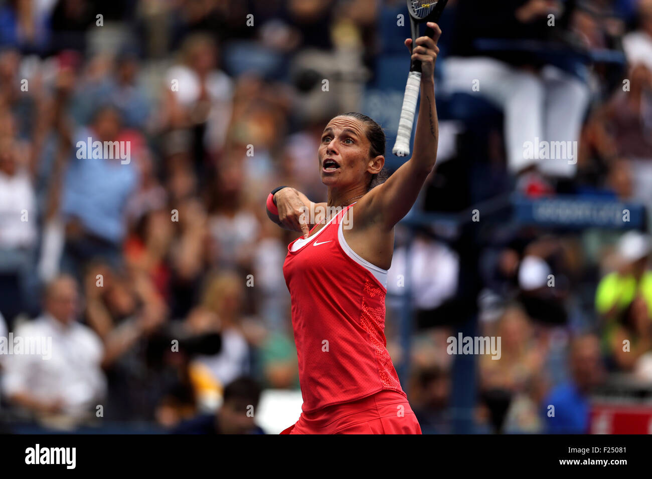Flushing Meadows, New York, USA. 11th Sep, 2015. Roberta Vinci of Italy gestures to the crowd during her defeat of Serena Williams in their semifinal match at the U.S. Open in Flushing Meadows, New York on the afternoon of September 11th, 2015.  Vinci won the match 2-6, 6-4, 6-4. Credit:  Adam Stoltman/Alamy Live News Stock Photo