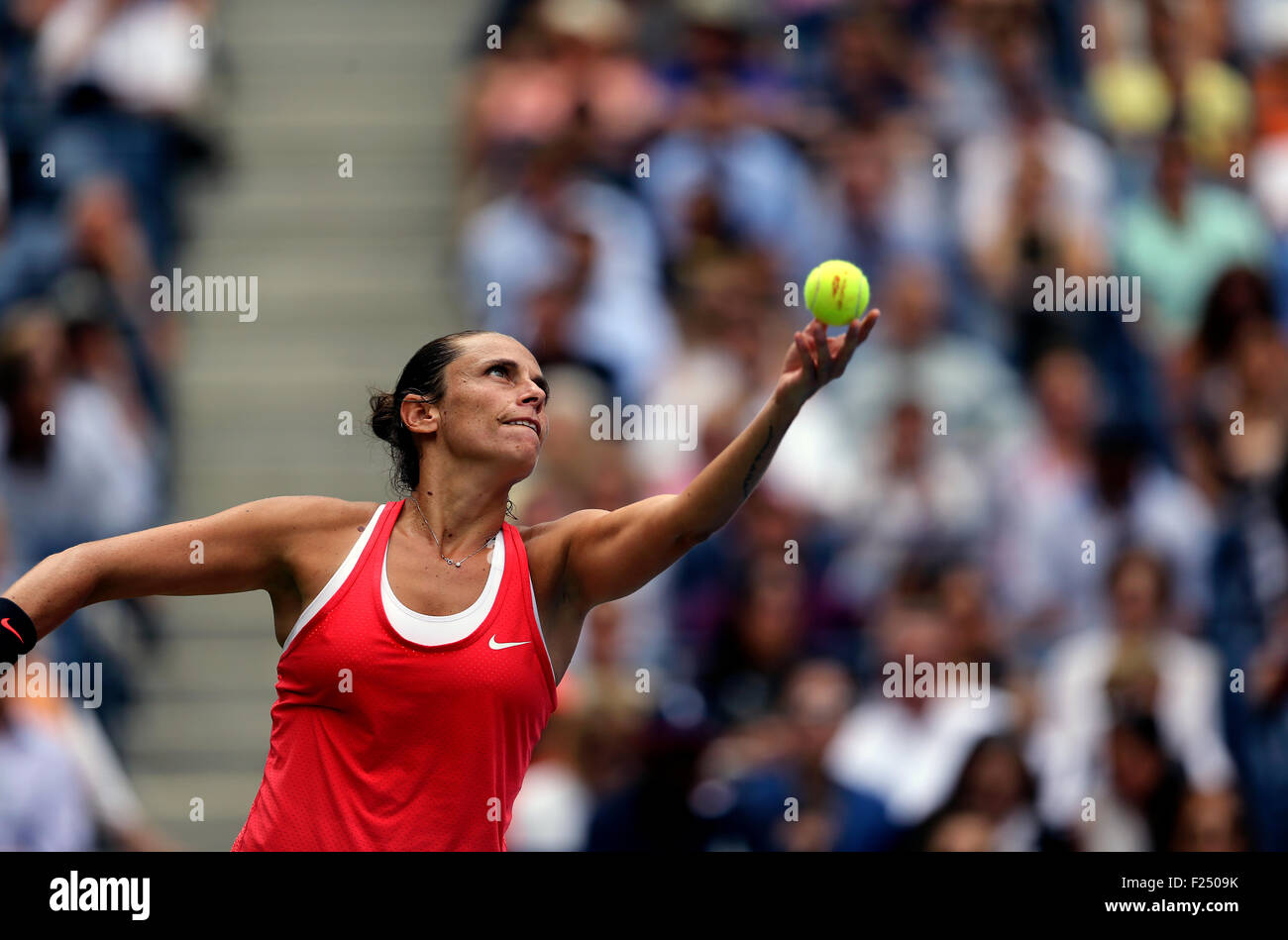 Flushing Meadows, New York, USA. 11th Sep, 2015. Roberta Vinci of Italy during her upset victory over Serena Williams in their semifinal match at the U.S. Open in Flushing Meadows, New York on the afternoon of September 11th, 2015.  Vinci won the match 2-6, 6-4, 6-4. Credit:  Adam Stoltman/Alamy Live News Stock Photo