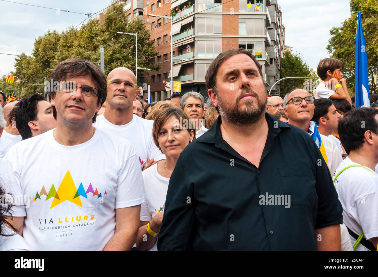 Barcelona , Catalonia, Spain . 11th Sep, 2015. The candidates Junts pel Yes , Oriol Junqueras , Raul Romeva and Carme Forcadell, during the Via Lliure to the Catalan Republic , independence mobilization organized by the Catalan National Assemblea and Omnium Cultural in the national day catalonia. The independence demonstration convened hundreds of thousands of people in Barcelona Avenida Meridiana Credit:  Cisco Pelay / Alamy Live News Stock Photo