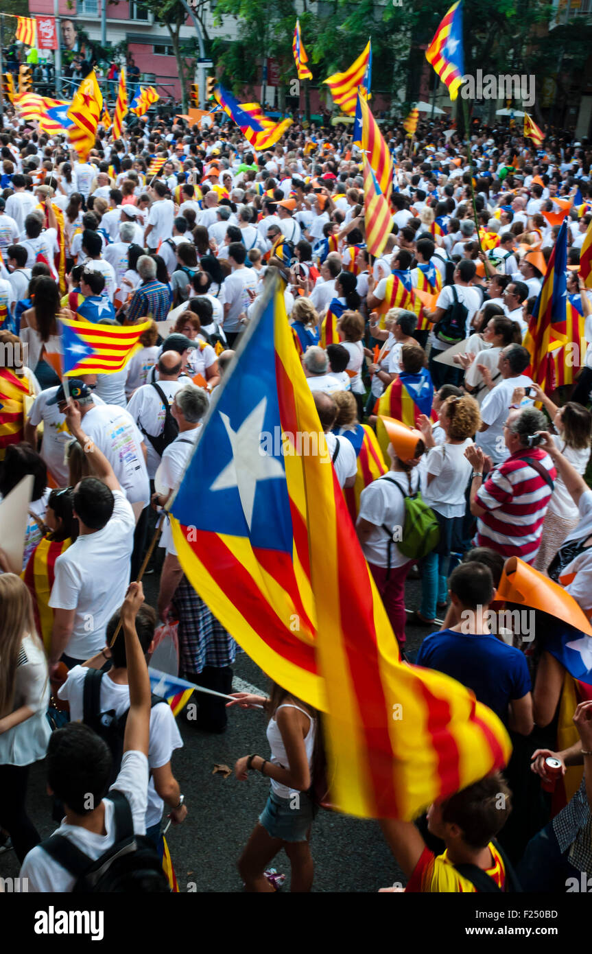 Barcelona , Catalonia, Spain . 11th Sep, 2015. Via Lliure to the Catalan Republic , independence mobilization organized by the Assemblea Nacional Catalana i Òmnium Cultural National Day of Catalonia . The independence demonstration convened hundreds of thousands of people in Barcelona Avenida Meridiana Credit:  Cisco Pelay / Alamy Live News Stock Photo