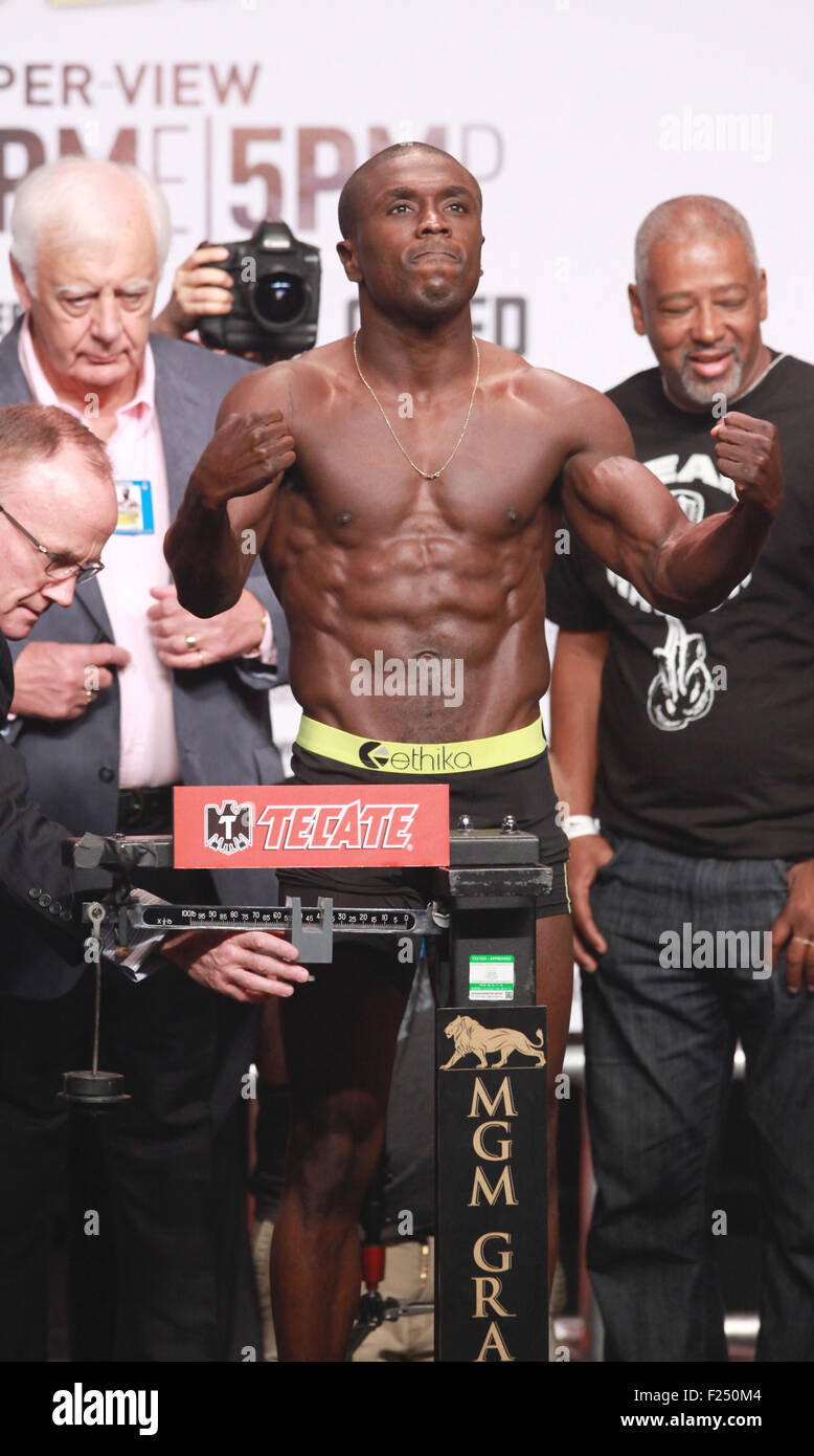 Las Vegas, Nevada, USA. 11th Sep, 2015. Boxer Andre Berto attends the  weigh-in ceremony on September 11, 2015 for his welter-weight boxing match  ''High Stakes'' at the MGM Grand Arena in Las